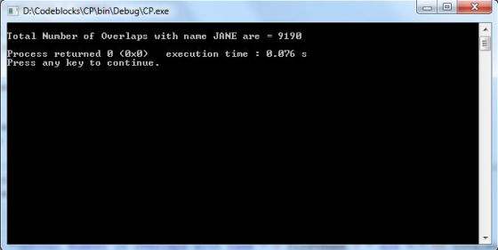 DACodeblocks\CPbinlDebug\CP.exe Total Number of Overlaps with name JANE are9190 Process returned 0 (0x0) execution time : 0-0