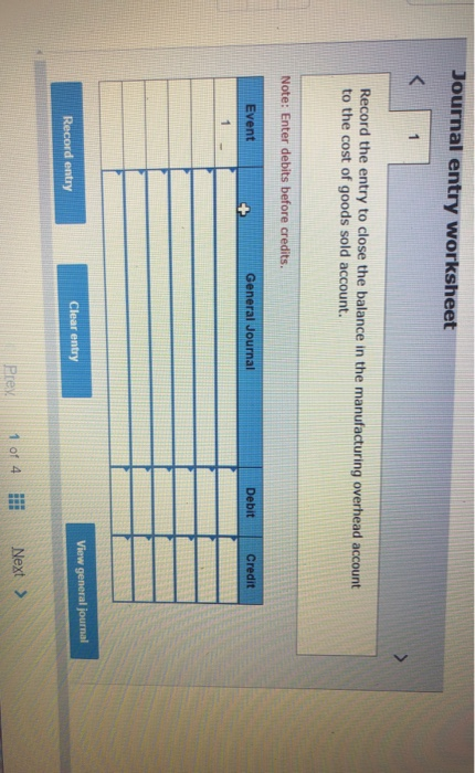 Journal entry worksheet Record the entry to close the balance in the manufacturing overhead account to the cost of goods sold