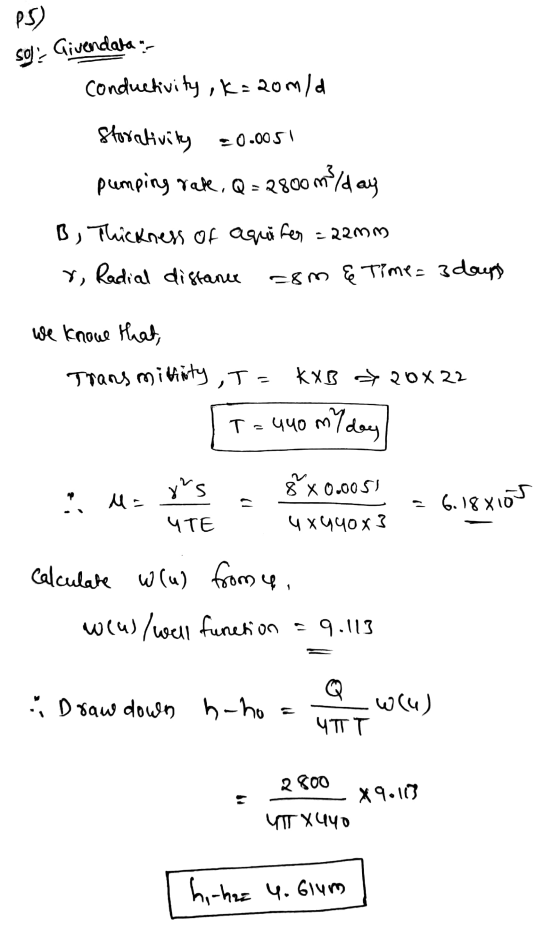 PS) sol Givendata conductivity ,k=20m/d Storativity = 0.0051 pumping rate, Q = 2800 m/d ay B, Thickness of aquifer = 22mm &
