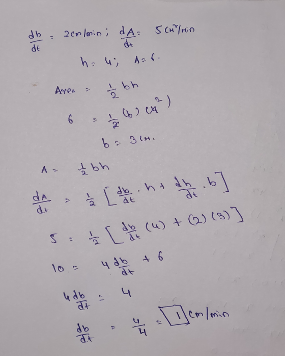 db - 200/min; dA= 5 con/min dt hu, de A=60 Area 1 h bh co 6 + b) (x2²) b = 3os. A- bh dA dr à [the dhib Laden (u) + (2)(3)] 2