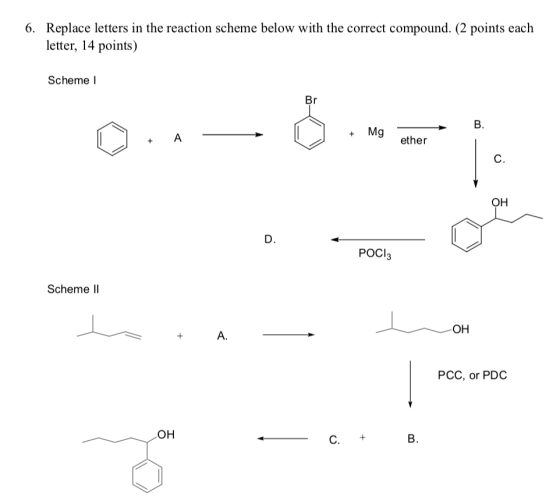 6. Replace letters in the reaction scheme below with the correct compound. (2 points each letter, 14 points) Scheme O + A - +