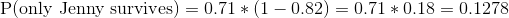 extup{P(only Jenny survives)}= 0.71 * (1-0.82) = 0.71 * 0.18 = 0.1278