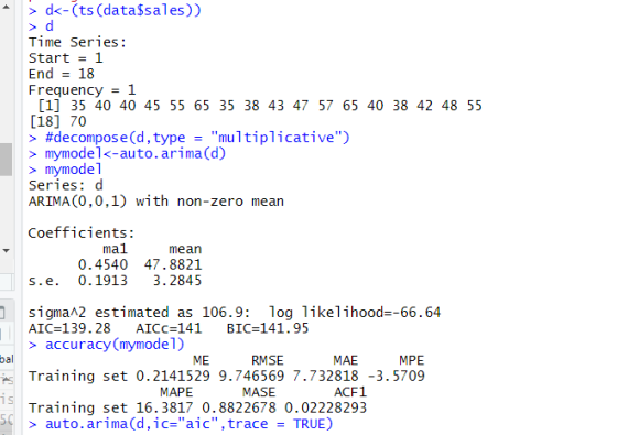 >da-(ts (datassales) > d Time Series: Start = 1 End = 18 Frequency = 1 [1] 35 40 40 45 55 65 35 38 43 47 57 65 40 38 42 48 55