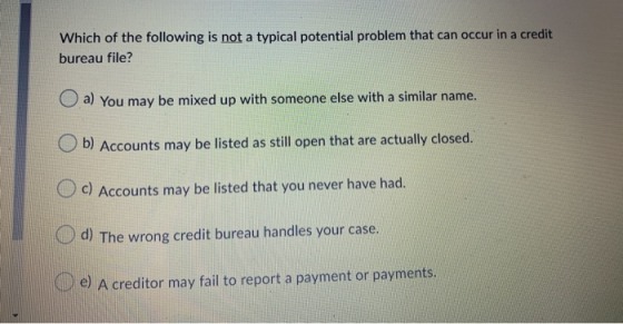 Which of the following is not a typical potential problem that can occur in a credit bureau file? a) You may be mixed up with