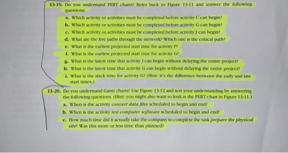13-19. Do you understand PERT charts? Refer back to Figure 13-11 and answer the following questions: a. Which activity or act
