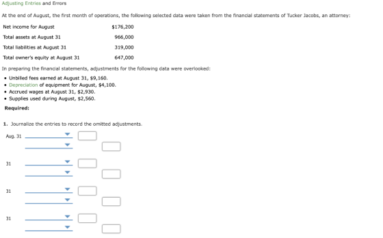 Adjusting Entries and Errors At the end of August, the first month of operations, the following selected data were taken from