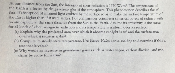 At our distance from the Sun, the intensity of solar radiation is 1370 W/m2. The temperature of the Earth is affected by the