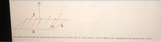 60% The electric flux through h the rectangular surface shown is 32 Nm+2/C. A 8 cm and 8-25 cm. What is the magnitude of the electric field in N/C?
