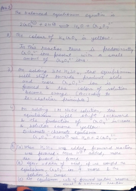 The balanced equilibrum equation is. 20020 + 2HO > H₂O + Cr₂O7 2) The colour of K₂ choy is yellow. In this reaction there is