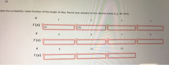 16 late the probability mass function of the length of stay. Round your answers to four decimal places (e.g. 98.7654) f (x) 19 152 f(x) 15 10 9 f (x)