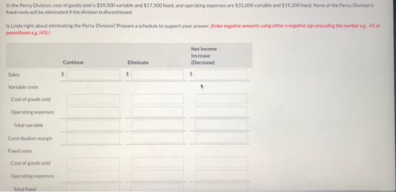In the Percy Division, cost of goods sold is $59.500 variable and $17,300 fixed, and operating expenses are $31.000 variable