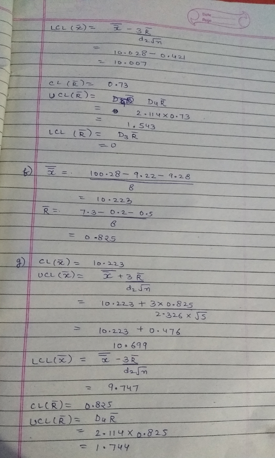 Page LCL (50) = - 3 R dain 10.028 0.421 10.007 0.73 CL (Ř ) = UCLCR) = DGO Du © 2 - 114X0.73 LCL (R = 1.543 D3 R 100-28 - 9.2