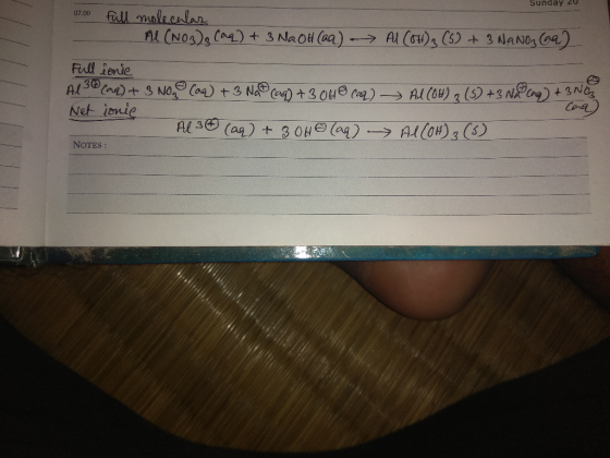 Sunday 20 07.00 full molecular - AL (NO3)₂ (aq) + 3 NaOH(aa) - Al(OH)3 (5) + 3 NaNoz (aa) Full ionic Al 3 Coq) + 3 Noge (aq)