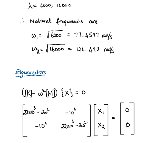 x=6000, 16000 .. Natural frequencies are 6000 = 77.4597 radls 126.4911 radys W, = √6000 Wa= 16000 Eigenvestors ([k} w\M]) {x}