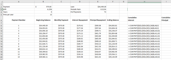 $34,449.39 0.521% 2 Payment 575.00 3 APR 4 Years Loan Periodic Rate # of Payments 6.25% 5 Pmts per year Cumulative Payment Number Beginning Bac Monthly PaymentInterest Repayment Principal Repayment Ending Balance Interest Principal $34,449.39 $34,053.81 33,656.18 S33,256.47 $32,854.68 $32,450.80 32,044.81 $31,636.71 $31,226.49 $30,814.13 $30,399.62 $29,982.95 $29,564.11 $575.00 $575.00 $575.00 $575.00 $575.00 $575.00 $575.00 $575.00 $575.00 $575.00 5575.00 $575.00 $575.00 $179.42 $177.36 $175.29 $173.21 $171.12 $169.01 $166.90 $164.77 $162.64 $160.49 $158.33 $156.16 $153.98 $395.58 397.64 $399.71 $401.79 $403.88 $405.99 408.10 410.23 $412.36 414.51 $416.67 $418.84 $421.02 $34,053.81 33,656.18 $33,256.47 32,854.68 $32,450.80 $32,044.81 31,636.71 $31,226.49 30,814.1:3 $30,399.62 $29,982.95 29,564.11 $29,143.09 -CUMIPMT(SES3,SE$4,SES2,SA$8,A8,0) --CUMIPMTISE$3,SE$4,SE$2,SA$8,A9,0) -CUMIPMT(SE$3,SE$4,SE$2,SA$8,A10,0) -CUMIPMT(SE$3,SE$4,SES2,SA$8,A11,0) --CUMIPMTISE$3,SES4,SES2,SA$8,12,0) -CUMIPMT(SE$3,SE$4,SE$2,SA$8,A13,0) -CUMIPMT(SE$3,SE$4,SE$2,SA$8,A14,0) -CUMIPMT(SE$3,SES4,SES2,SA$8,15,0) --CUMIPMT(SE$3,SE$4,SE$2,SA$8,A16,0) -CUMIPMT(SE$3,SE$4,SE$2,SA$8,A17,0) -CUMIPMT(SE$3,SES4,SES2,SA$8,A18,0) -CUMIPMTISE$3,SE$4,SE$2,SA$8,A19,0) -CUMIPMT(SE$3,SE$4,SE$2,SA$8,A20,0)