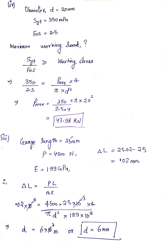 liv) Diameter, d = 20mm Syt = 350 mla Fos = 2.5 Maximum wor orking load, Working stress Syt Fos = ) 350 Pmax x4 7 xd 2.5 2 TN