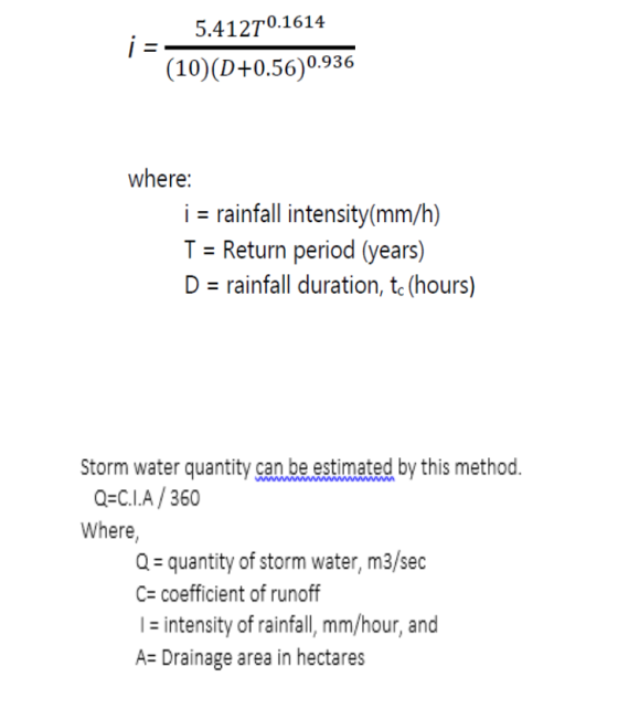 i = 5.41270.1614 (10)(1+0.56)0.936 where: i = rainfall intensity(mm/h) T = Return period (years) D = rainfall duration, tc (h