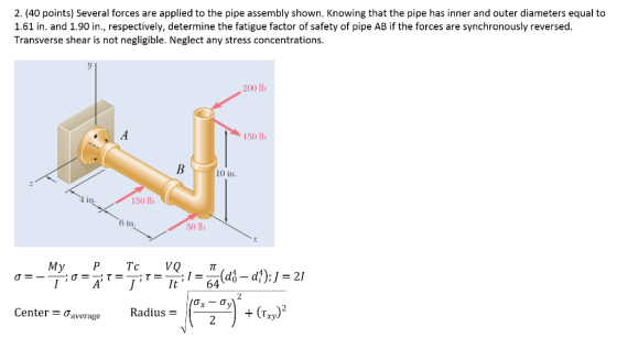2. (40 points) Several forces are applied to the pipe assembly shown. Knowing that the pipe has inner and outer diameters equ