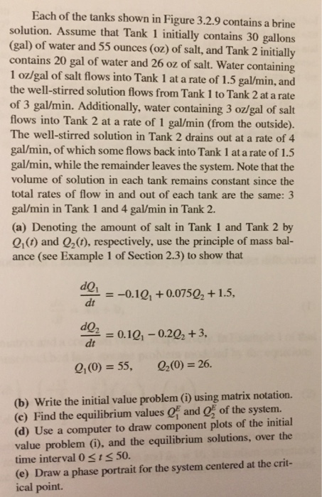 Each of the tanks shown in Figure 3.2.9 contains a brine solution. Assume that Tank 1 initially contains 30 gallons (gal) of