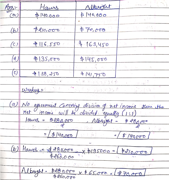 Hawes $140.000 Albright $ 140,000 $210,000 $ 70,000 $ 116,550 $ 163,450 $135,000 $145,000 $ 138,250 $141,750 Working (a) No a
