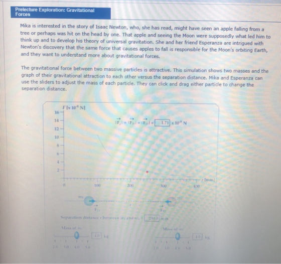 Prelecture Exploration: Gravitational Forces Mika is interested in the story of Isaac Newton, who, she has read, might have s