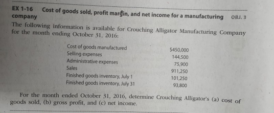 EX 1-16 Cost of goods sold, profit margin, and net income for a manufacturing 08.3 company The following information is avail