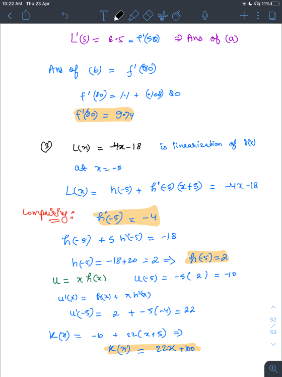 10:22 AM Thu 23 Apr il ni 11% 0 5 TON of ☺ ☺ +30 L(S) = 6.5 = f(50) 7 Ans of (a) And of (b) = f (80) f (20) = \.) + (109)