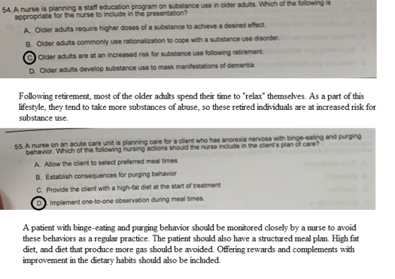 54.A nurse is planning a staff education program on substance use in older adults. Which of the following is appropriate for