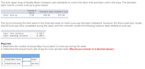 The auto repair shop of Quality Motor Company uses standards to control the labor time and labor cost in the shop. The standa