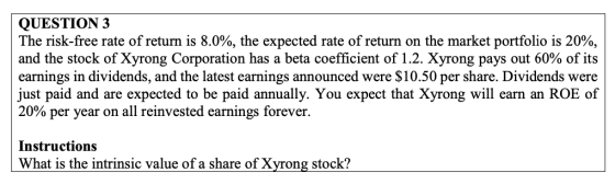 QUESTION 3 The risk-free rate of return is 8.0%, the expected rate of return on the market portfolio is 20%, and the stock of