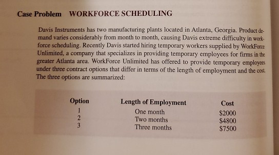 Case Problem WORKFORCE SCHEDULING Davis Instruments has two manufacturing plants located in Atlanta, Georgia. Product de mand