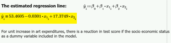The estimated regression line: 0 g 53.4605-0.0301.1. +17.3749 2 For unit increase in art expenditures, there is a reuction in test score if the socio economic status as a dummy variable included in the model.