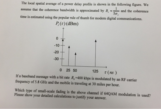 The local spatial average of a power delay profile is shown in the following figure. We assume that the coherence bandwidth is approximated by B and the coherence time is estimated using the popular rule of thumb for modern digital communications. 5? P(z) (dBm) -10 -20 -30 0 25 50 125 ?(ns ) If a baseband message with a bit rate R, 400 kbps is modulated by an RF carrier frequency of 5.8 GHz and the mobile is traveling at 30 miles per hour. Which type of small-scale fading is the above channel if 64QAM modulation is used? Please show your detailed calculations to justify your answer.