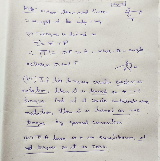 (Rose al Noto ? Here clownward force, 2 weight of the of the body ang I 7 ng (it) Torque en defined as = a yo where, o = angl