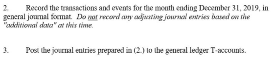 2. Record the transactions and events for the month ending December 31, 2019, in general journal format. Do not record any ad