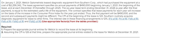 On January 1, 2021, Wetick Optometrists leased diagnostic equipment from Southern Corp., which had purchased the equipment at