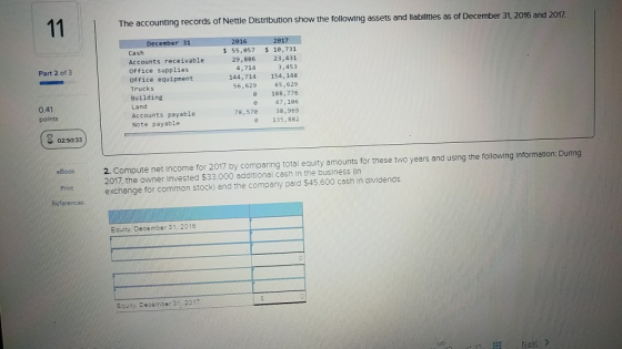 The accounting records of Nettle Distribution show the following assets and liabl liabltiles as of December 31, 2016 and 2017. December 31201 017 Cash Accounts receivable Office supplies s 55,857 10,731 23,431 3,453 154,148 56,629 65,629 e 188,776 e 47,186 38,969 135,882 29,886 4, 714 Office equipment144,714 Part 2 of 3 Trucks Building 0.41 points Land Accounts payable Note payable 78,570 0250:313 2. Compute net income for 2017 by comparing total equity amounts for these two years and using the following information: During 2017, the owner Invested $33.000 additional cash in the business (In eBook Print References exchange for common stock) and the company paid $45,600 cash in dvidends. Equity, December 31. 2016 Equity, December 31, 2017