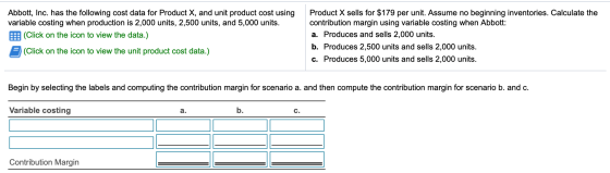Abbott, Inc. has the following cost data for Product X, and unit product cost using variable costing when production is 2,000