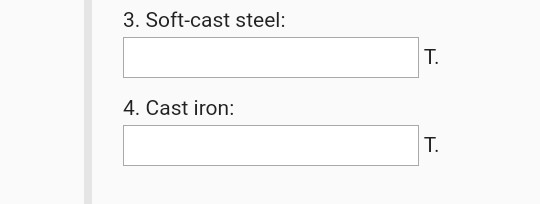 3. Soft-cast steel: T. 4. Cast iron: T.