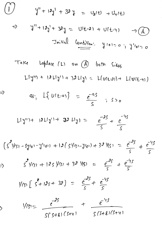 0 y + lay + 324 Ualth & Uult) > y+12yt 32y Ult-2) + Ult-4) z(A Initial condition, Grouzo ; yroizo A Take Laplace (L) on
