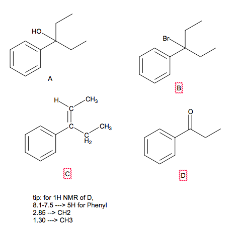но CH3 CH3 tip: for 1H NMR of D 8.1-7.5-> 5H for Phenyl 2.85 -CH2 1.30>CH3