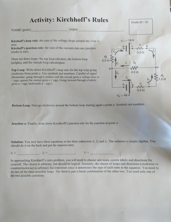Activity: Kirchhoffs Rules Grade (0-6) NAME (print) (sign) Kirchoffs loop rule: the sum of the voltage drops around any loo