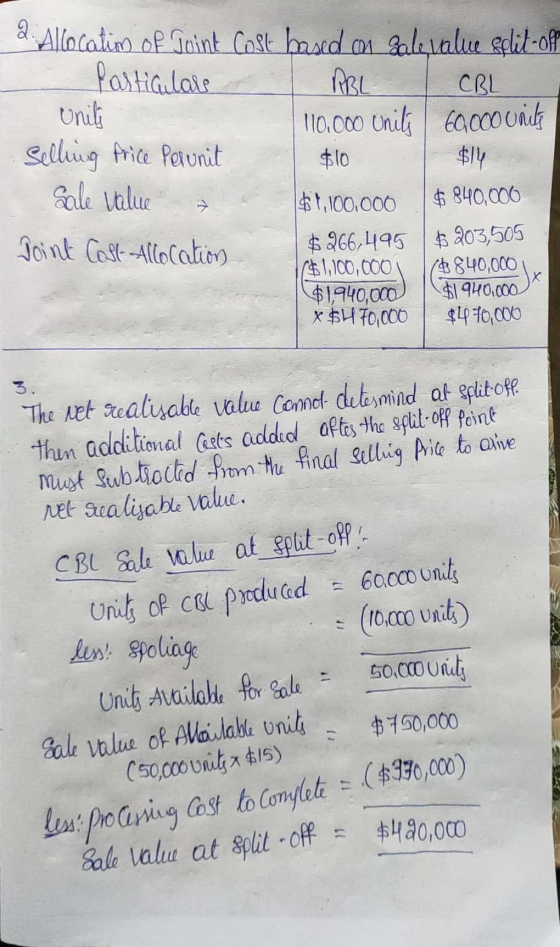 a Allocation of Joint Cost based on salevalue split-off Particulars PBL CBL Uniti 110.000 units 60.000 units Selling Price Pe