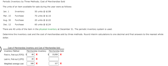 Periodic Inventory by Three Methods; Cost of Merchandise Sold The units of an item available for sale during the year were as