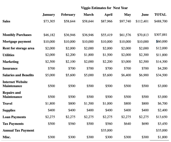 January $73,305 February $58,644 Viggio Estimates for Next Year March April May $58,644 $87,966 $97,740 June $112,401 TOTAL $