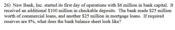 26) New Bank, Inc. started its first day of operations with $6 million in bank capital. It received an additional $100 millio