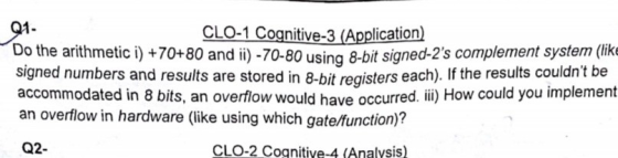 Q1- CLO-1 Cognitive-3 (Application) Do the arithmetic i) +70+80 and ii) -70-80 using 8-bit signed-2 S COM signed numbers and