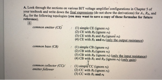 A. Look through the sections on various BJT voltage amplifier configurations in Chapter 5 of your textbook and write down the