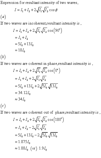 Expression for resultant intensity of two waves If two waves are incoherent,resultant intensity is , 1 +12+2112 cos 90 51% +1