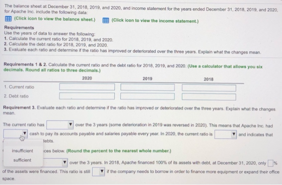 The balance sheet at December 31, 2018, 2019, and 2020, and income statement for the years ended December 31, 2018, 2019, and